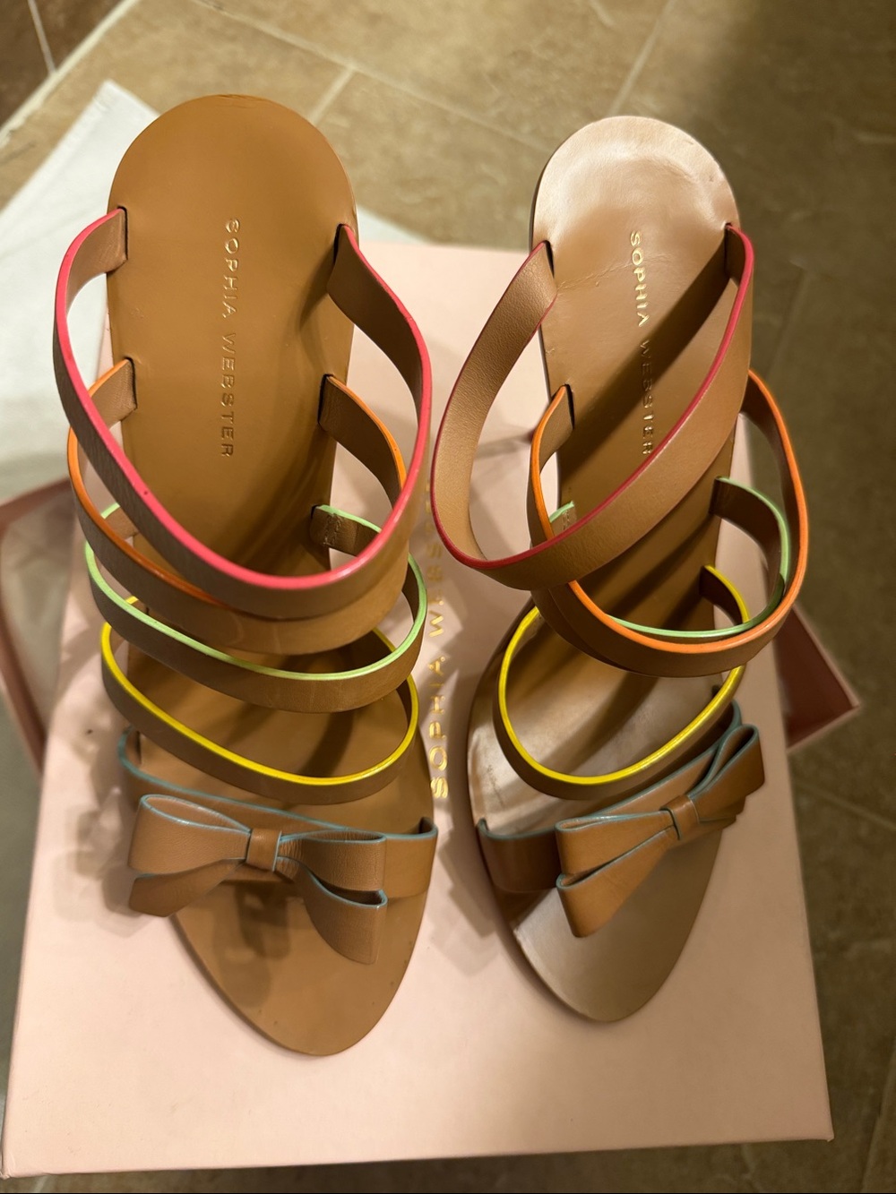 Sophia Webster Tan Leather Samara Mules with Neon Trim size 41